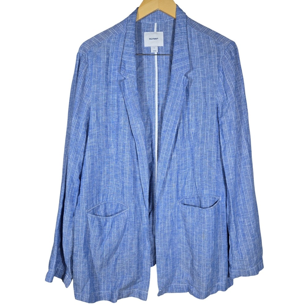 Old Navy Linen‎ Blend Blazer Blue Chambray Striped Open Front Jacket L 413591-00